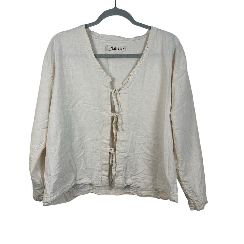 Native Tie Front Cotton Blouse Women M/L Cream Excellent Boho Cottagecore
